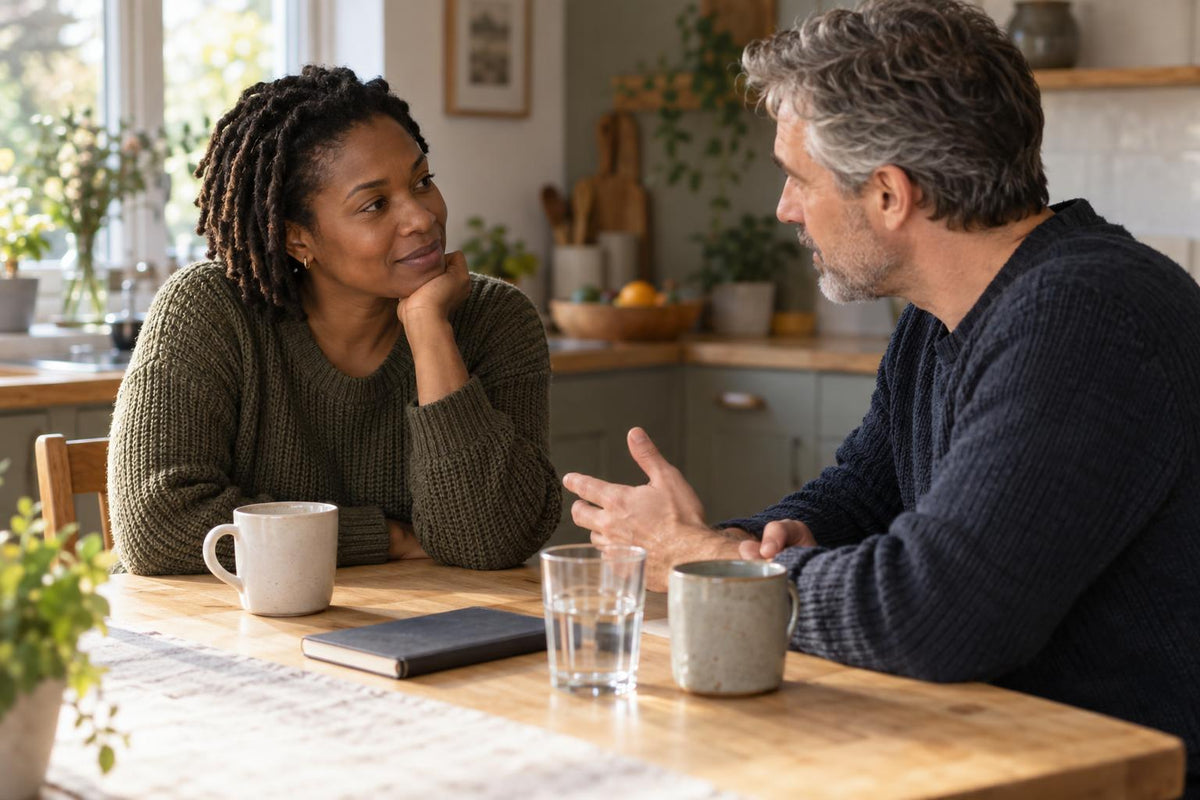 Two adults talking calmly across a sunlit kitchen table with mugs and a closed notebook