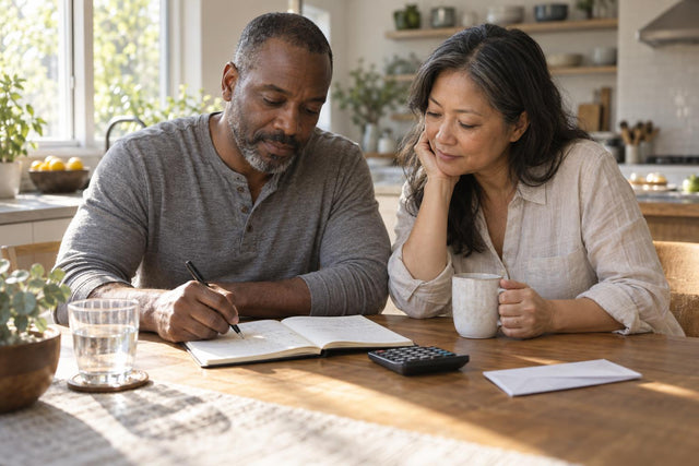 Couple at a sunlit kitchen table doing math by hand in a notebook with coffee and a calculator