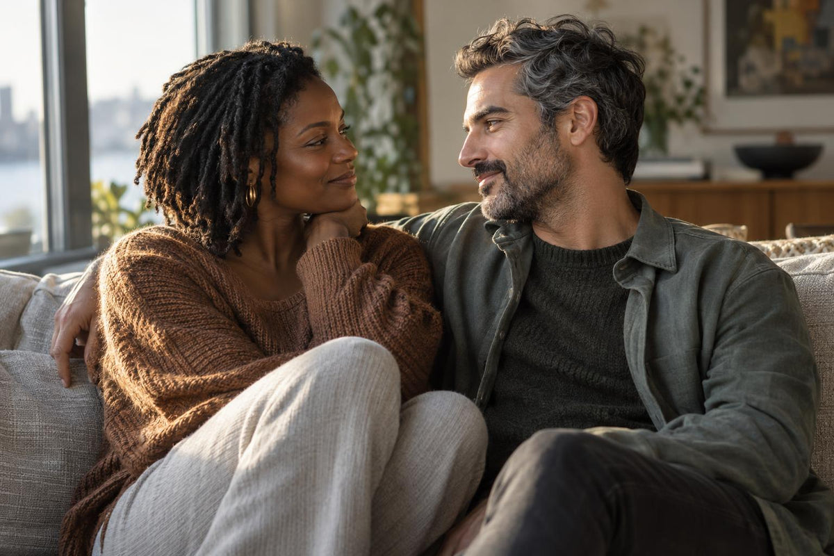 Couple sitting close on a sofa in warm daylight, holding each other's gaze with soft smiles