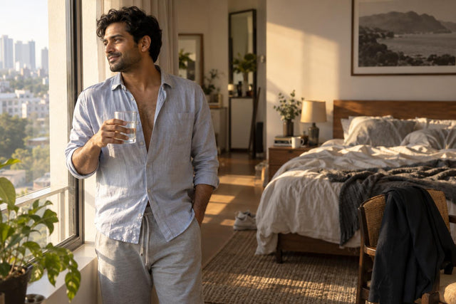 Man in his thirties stands calmly at a sunny bedroom window holding a glass of water in the morning