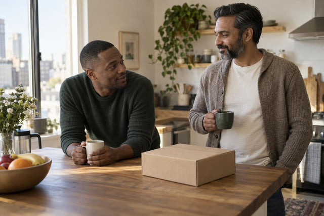 Two men in their thirties talk over coffee at a sunlit kitchen counter beside a plain mailer box