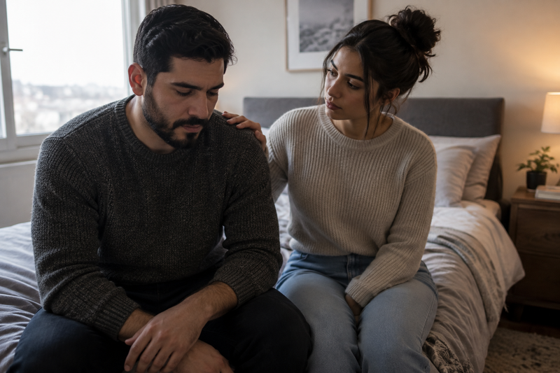 Man and woman sit together on bed in daylight, illustrating Muscle Dysmorphia and Sexual Health: What the Research Shows