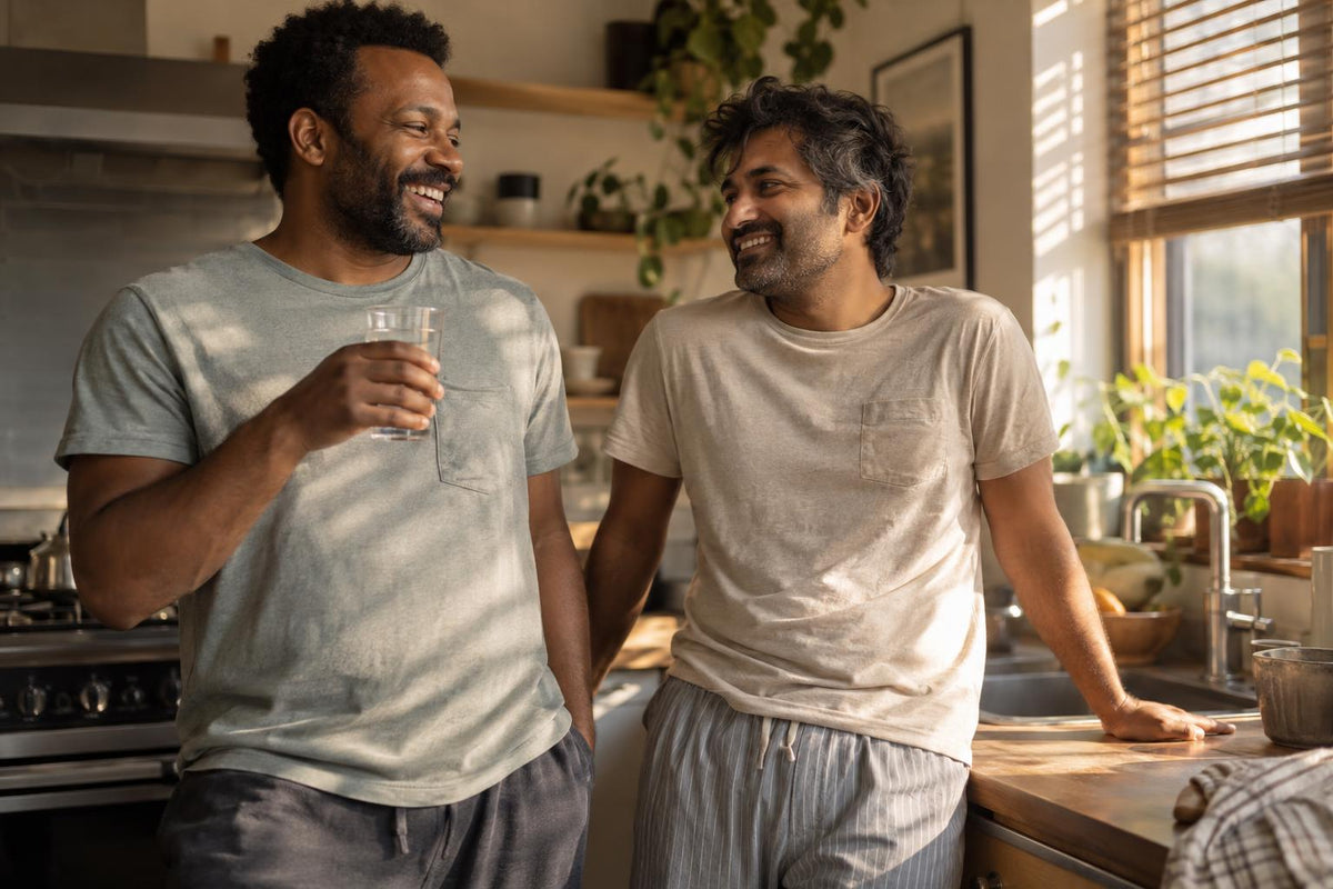 Two relaxed men laughing together in a sunlit kitchen, one holding a plain glass of water