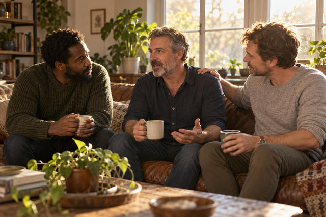 Three men of different ages talk openly on a sofa with mugs of coffee in warm afternoon light