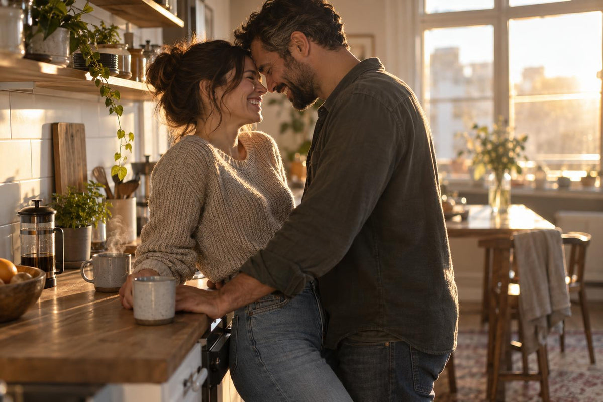 Laughing couple standing close together in a sunlit kitchen, flirting over coffee
