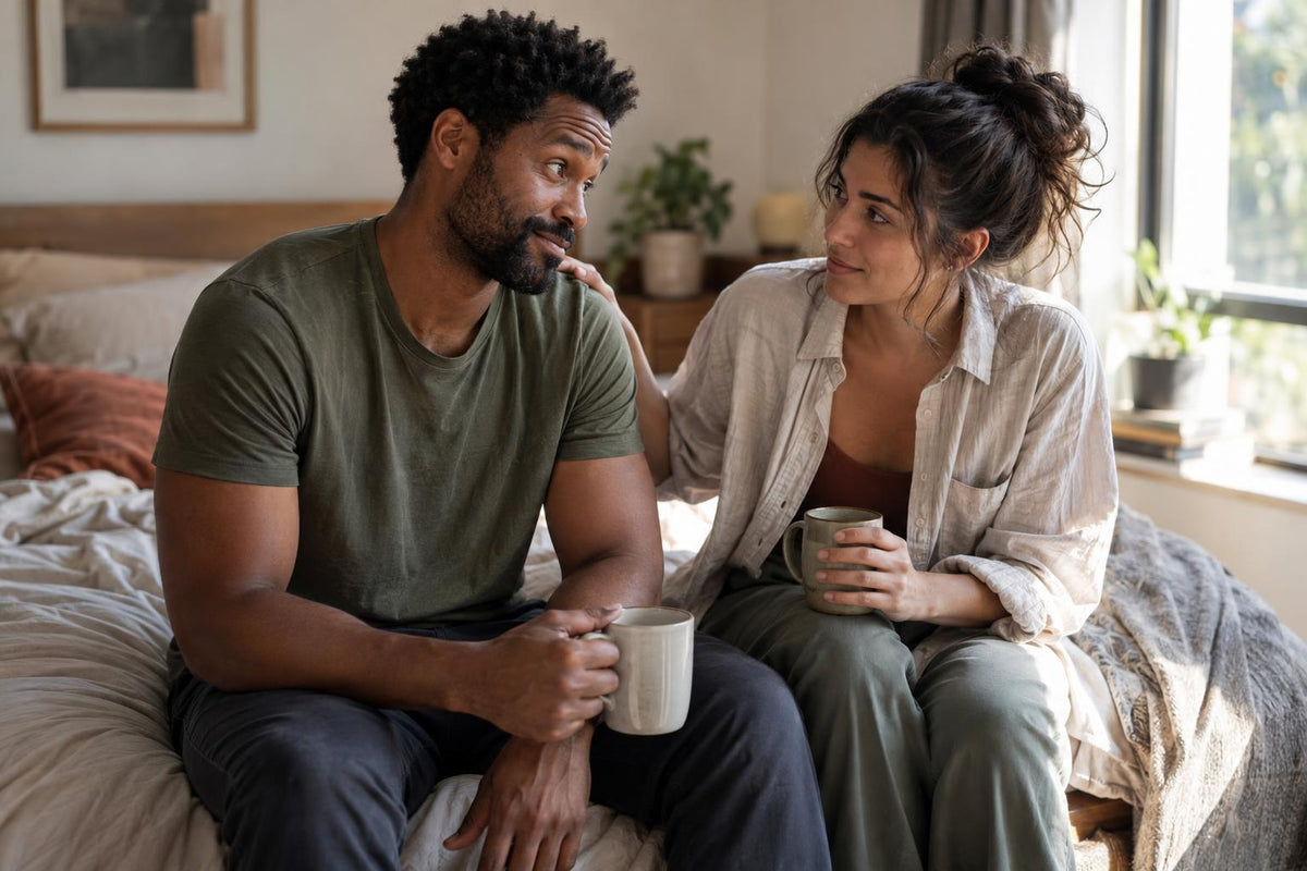 Two adults sit close on a bed in morning light, leaning in for a candid, honest conversation