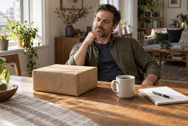 Man in his forties at a sunlit table with coffee, notepad and plain parcel, thinking things over