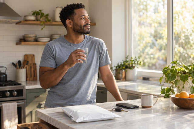 Man in his 30s with a glass of water in a sunlit kitchen, plain unmarked envelope on the counter