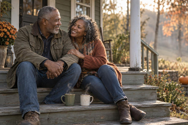 Older couple sitting close together on porch steps in morning light, talking over coffee