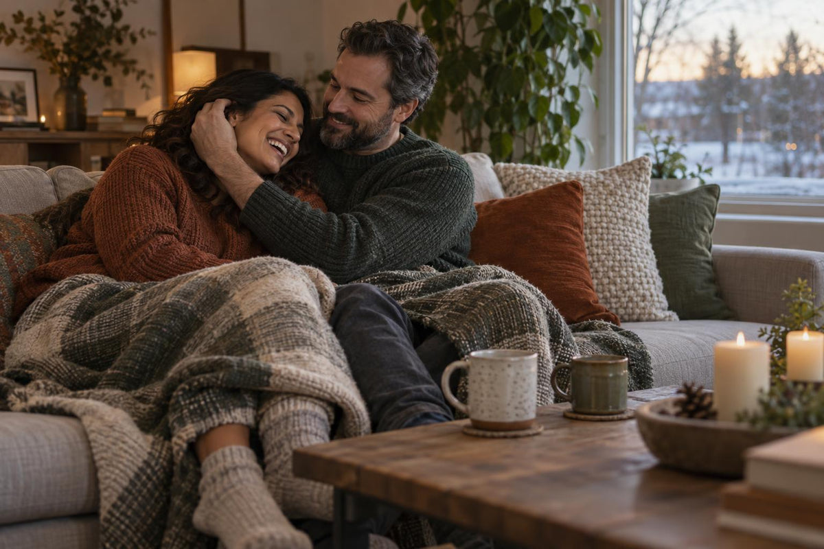 Couple laughing together under a blanket on a sofa, one tucking the other's hair behind her ear