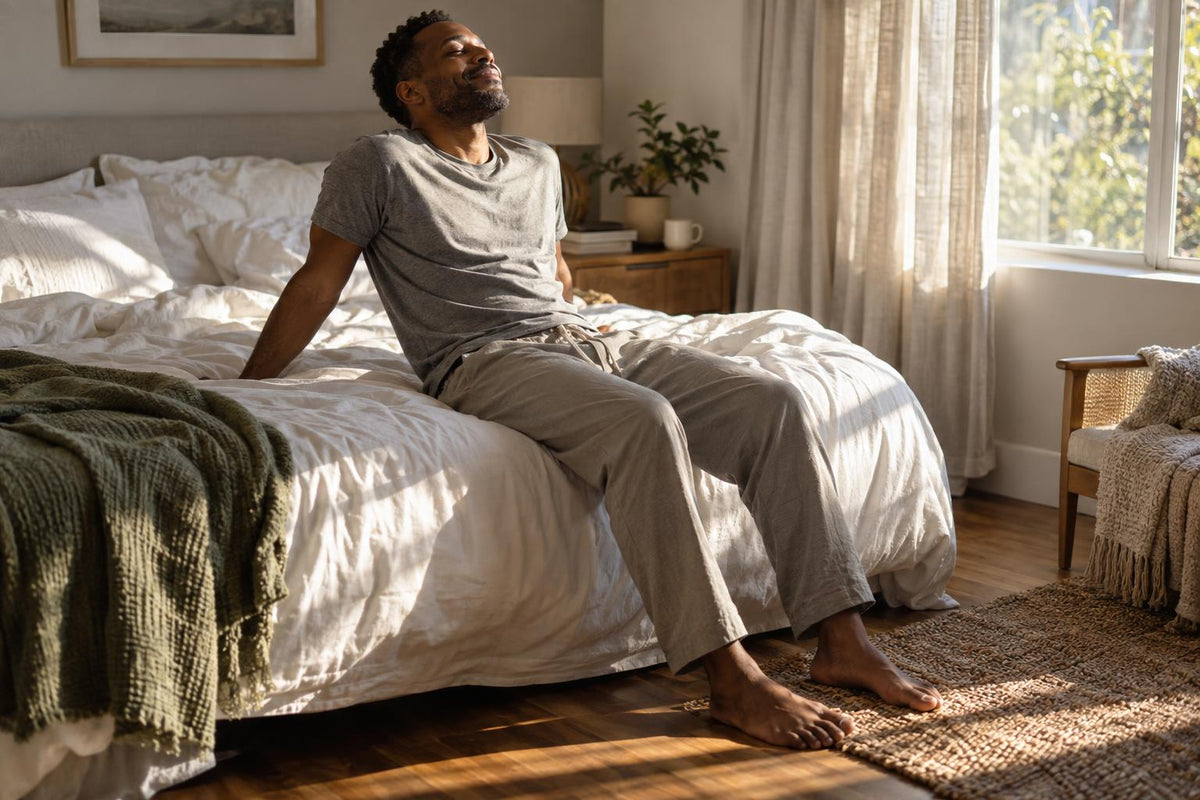 Man in his forties sits relaxed on the edge of a bed in morning light, stretching and smiling calmly