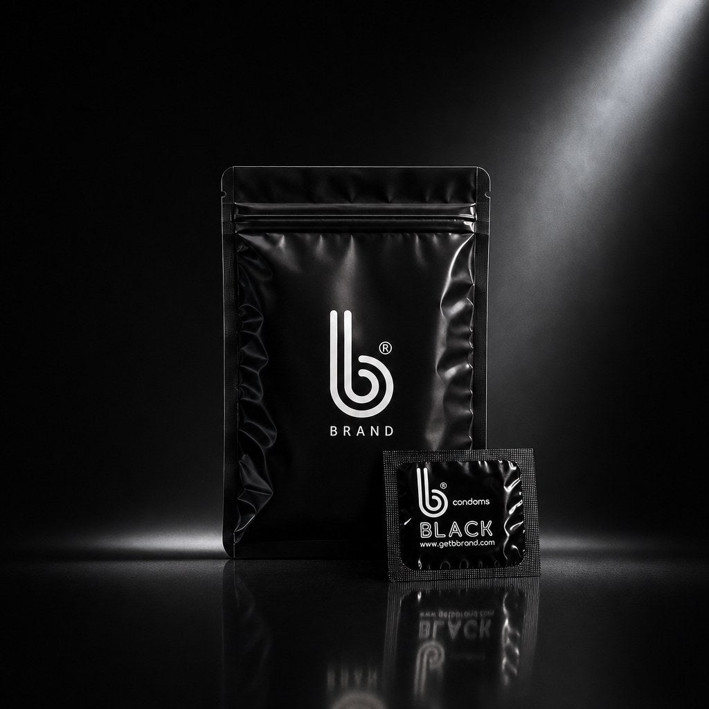 Supreme Black B Condoms pack lit from behind in a dark studio
