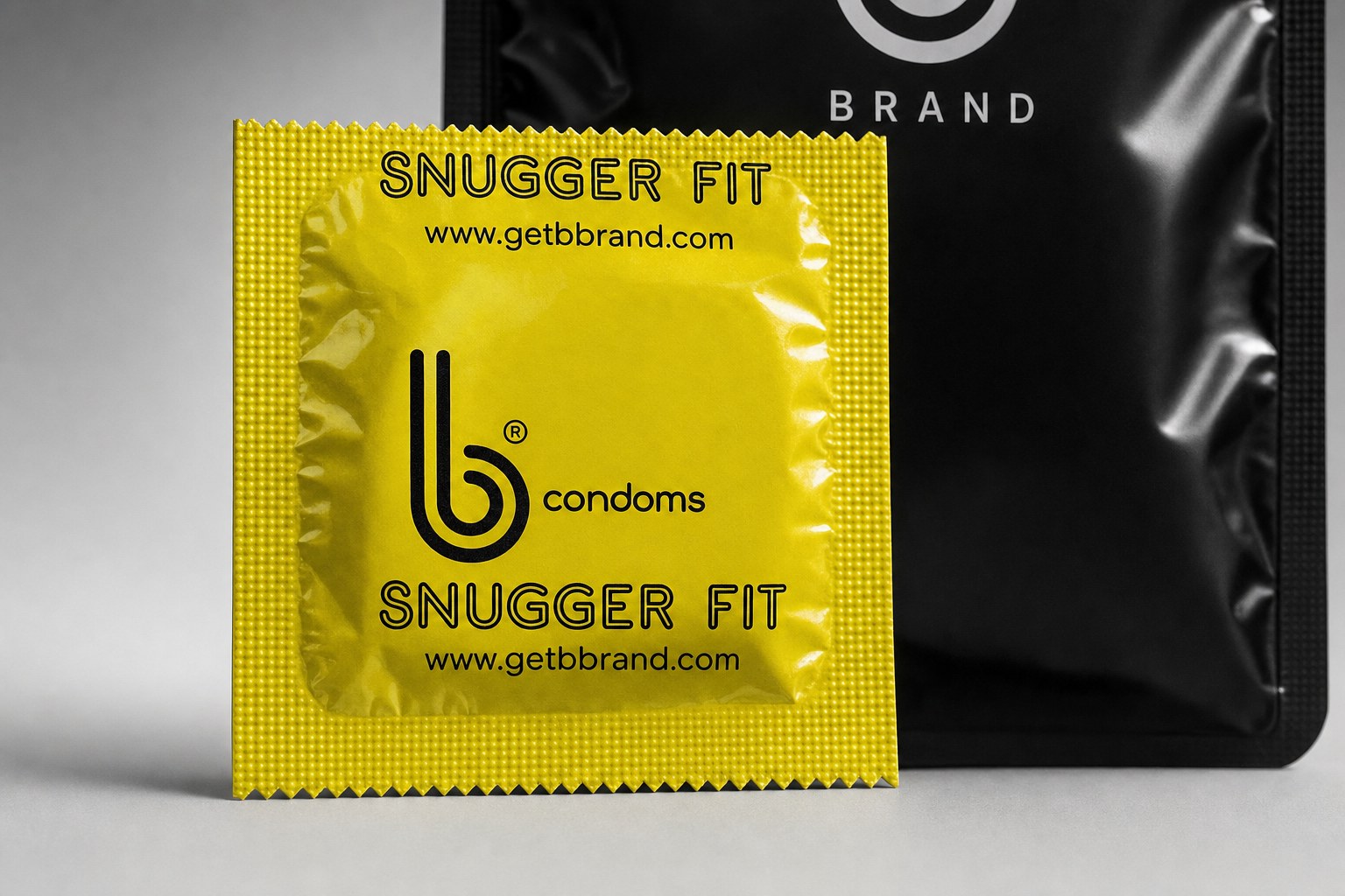 Close-up of the Snugger Fit B Condoms wrapper