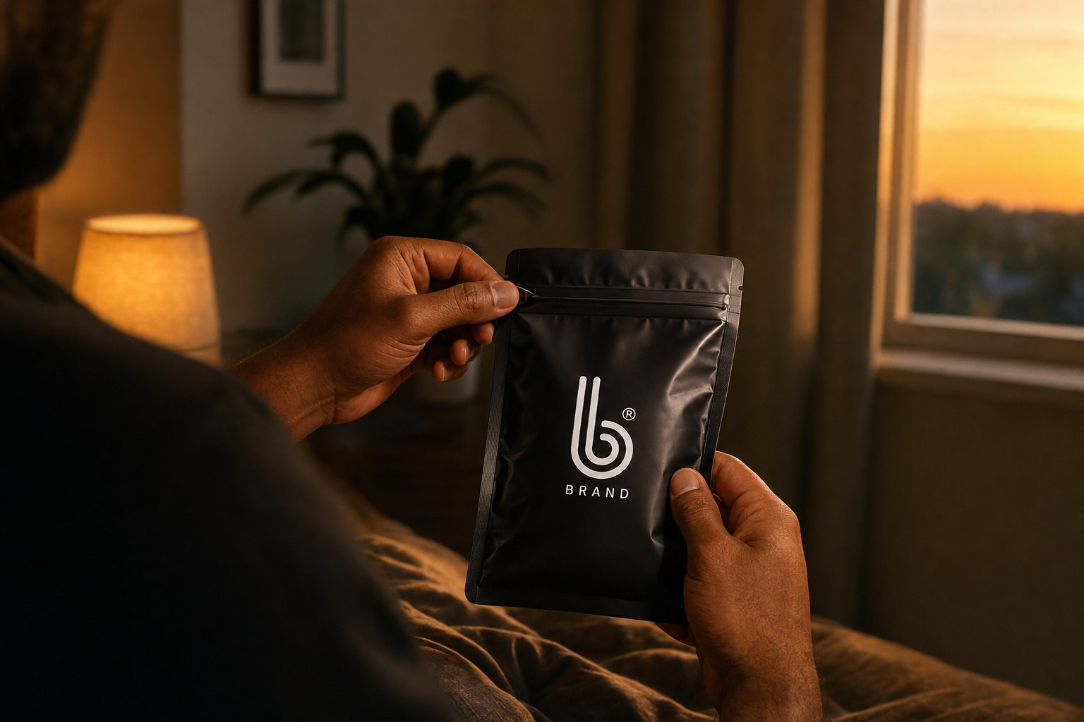 A hand holding the Snugger Fit B Condoms pack