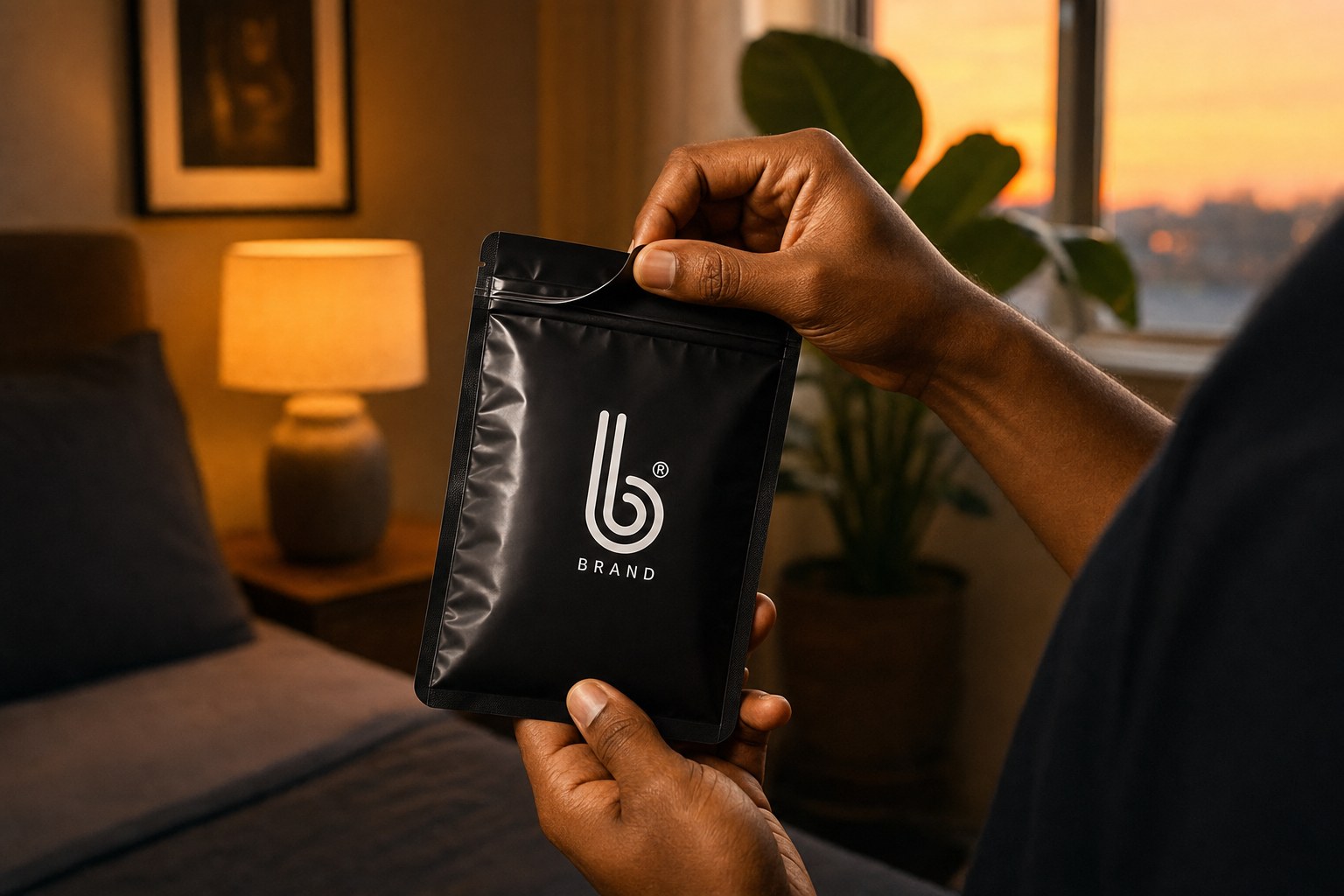 A hand holding the Tropical Flavors B Condoms pack
