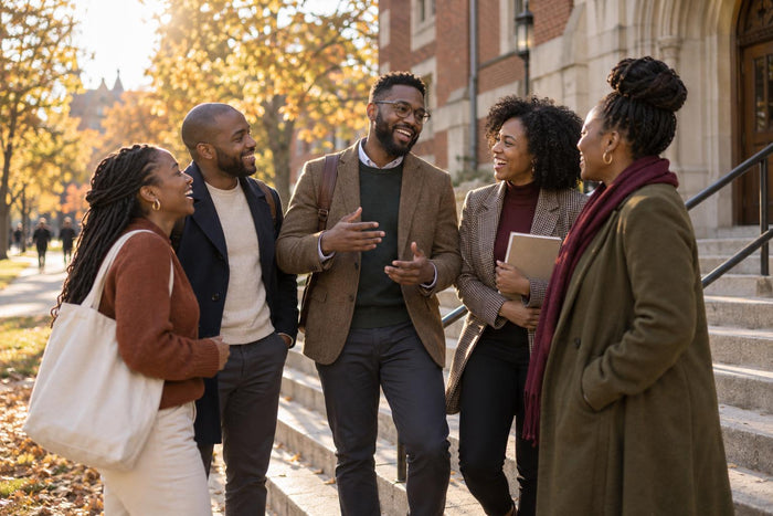 Five Black adults laughing together on historic campus steps in warm autumn afternoon light