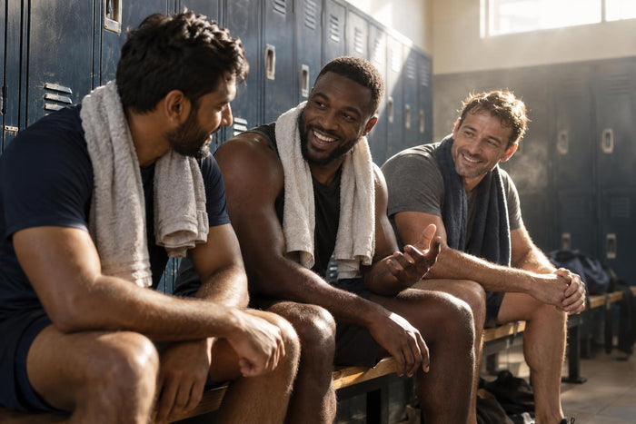 Three adult athletes laughing together on a locker room bench in warm afternoon light