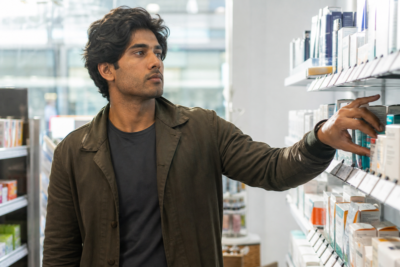 Man in pharmacy aisle reaching for health, illustrating What New Research on Violence Exposure Means for Men's Health