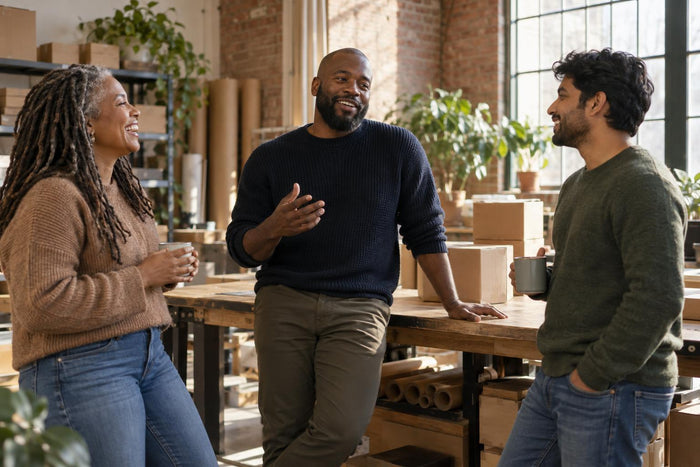 Black founder laughing with two colleagues in a sunlit loft workspace beside plain packaging boxes