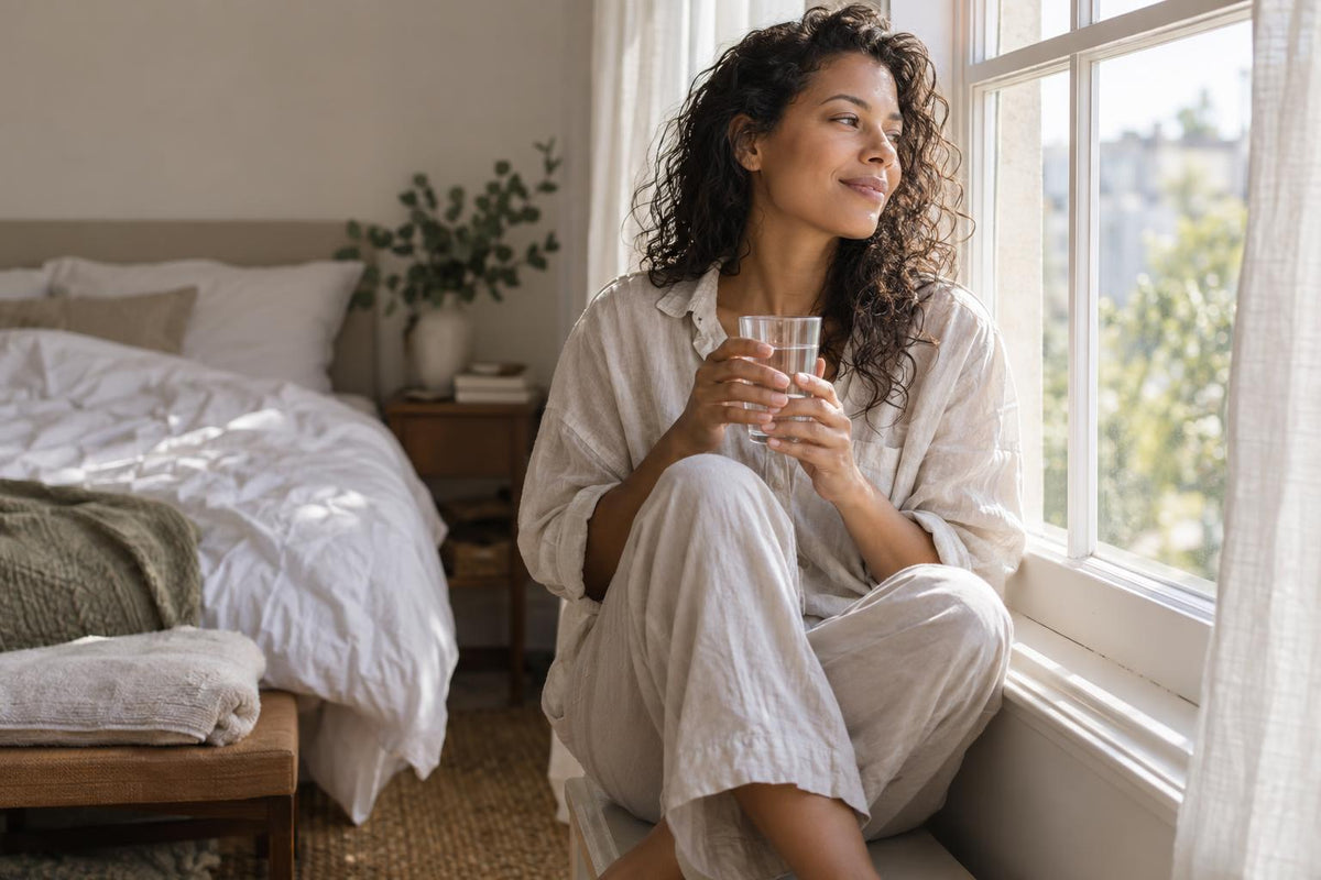 Woman in linen shirt sits on a sunlit bedroom windowsill holding a glass of water, smiling softly