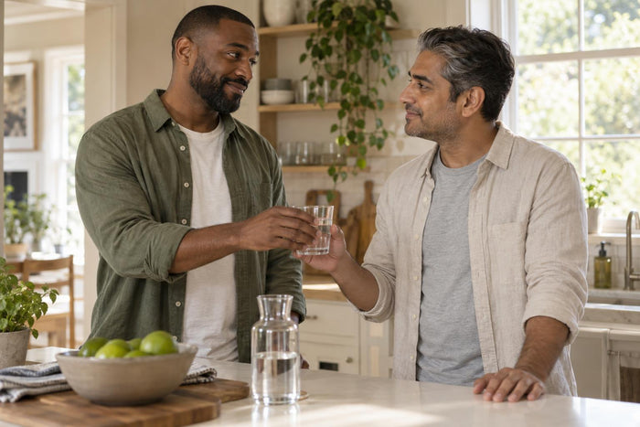 Two men share an easy smile in a sunlit kitchen as one hands the other a glass of water