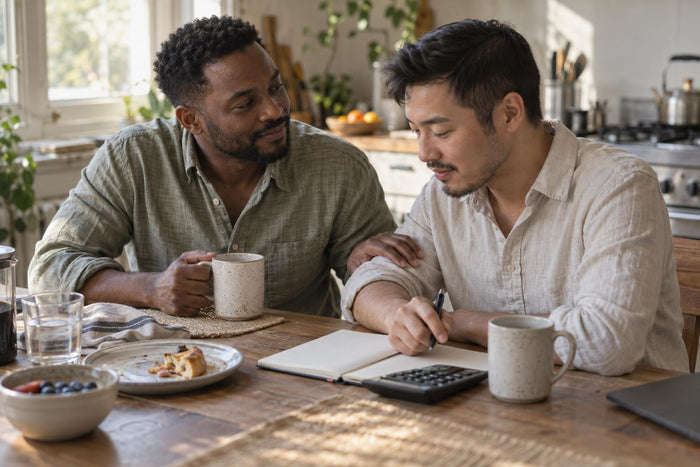 Two men in their late thirties sit close at a sunlit kitchen table with coffee, notebook and calculator