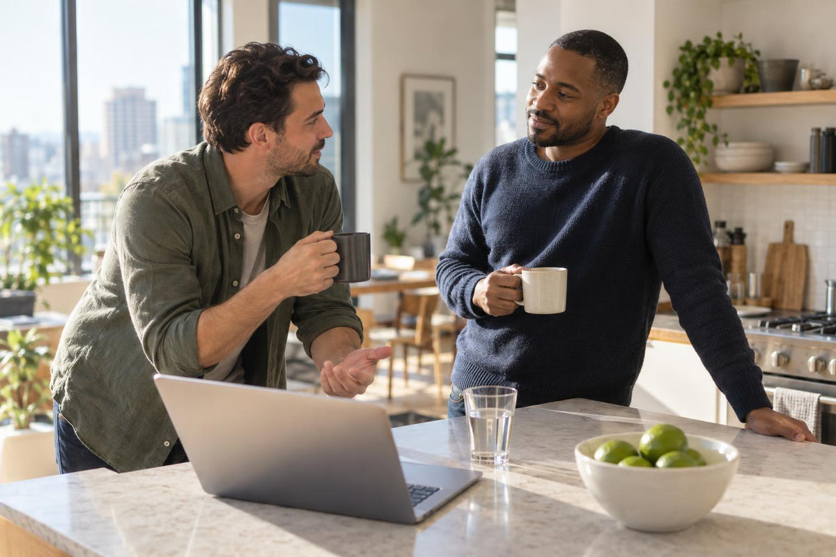 Two men in their thirties talk openly over coffee at a sunlit kitchen counter at home