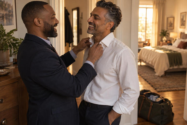 Two men laughing as one straightens the other's shirt collar before a night out, weekend bag by the door