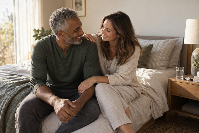 Couple in their forties sit close on the edge of a bed, laughing together in warm morning light