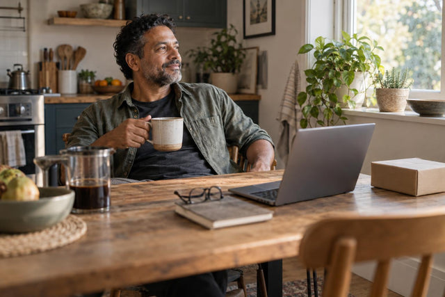 Man in his late forties relaxing with coffee at a sunlit kitchen table beside a closed laptop
