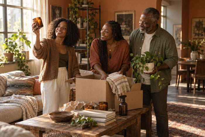 Three adults unpacking candles, a throw and a plant in a sunlit living room