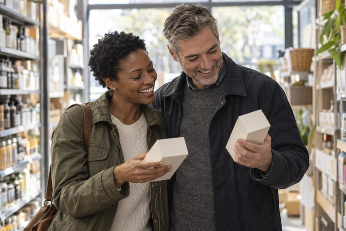 Couple laughing together in a shop aisle while comparing two plain unmarked boxes