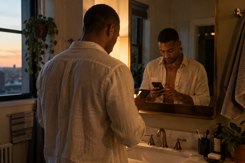 Man setting phone reminder at bathroom sink in warm, illustrating The CDC's Push to Expand STI Testing and Treatment Access