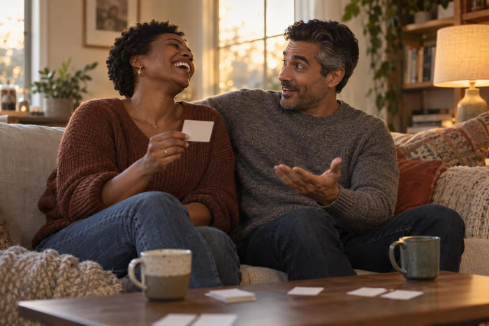 Couple laughing on a sofa, one reacting with surprise to a blank card from a conversation game