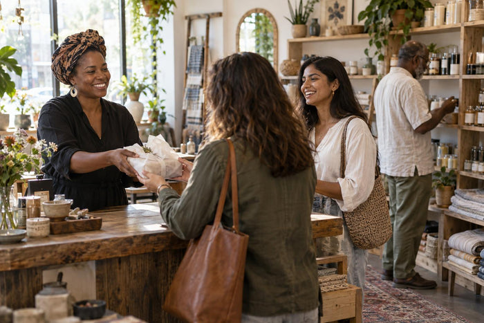 Black shop owner hands a wrapped purchase to a smiling customer in a sunlit independent boutique