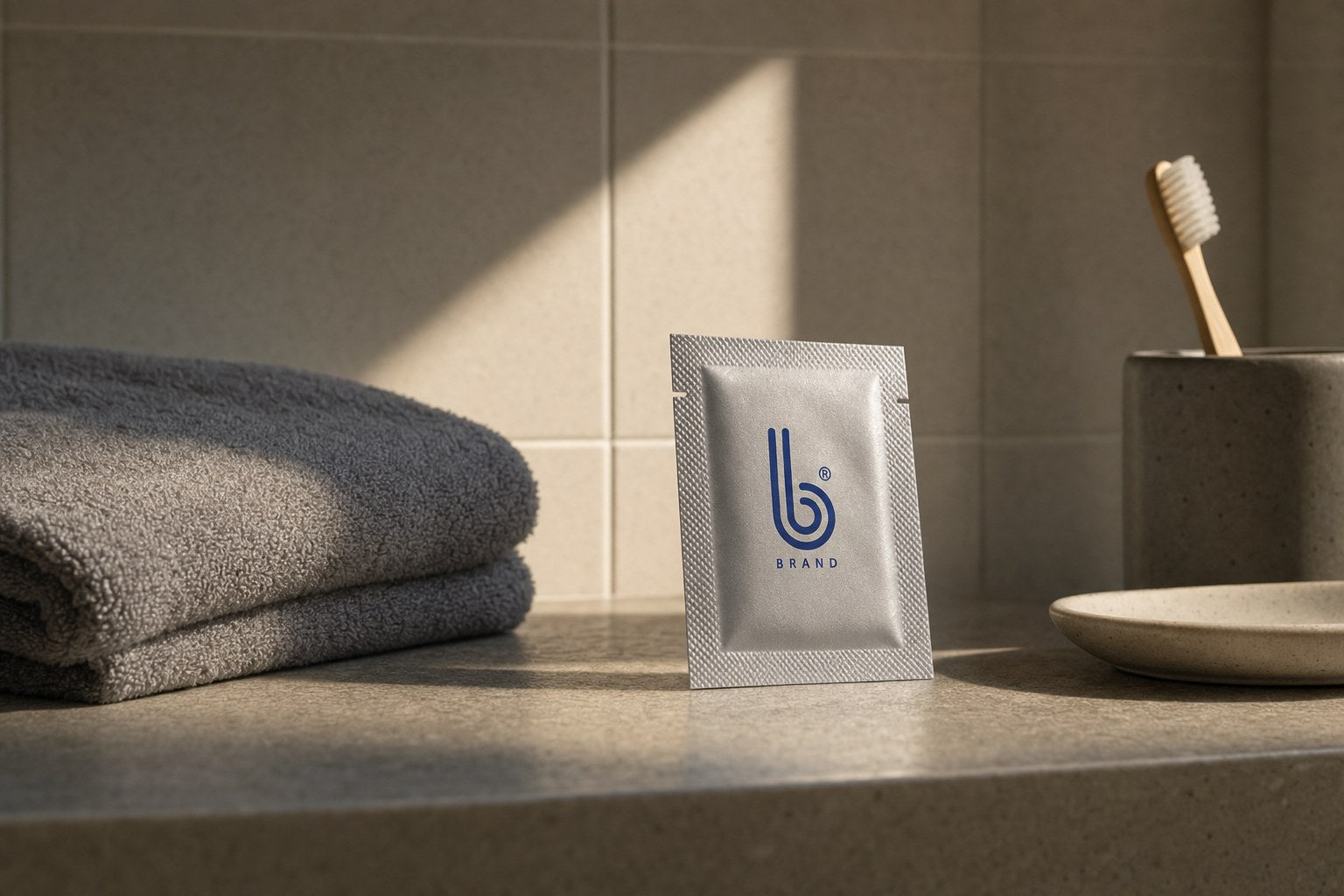 DoxyPEP sachet on a bathroom shelf in morning light