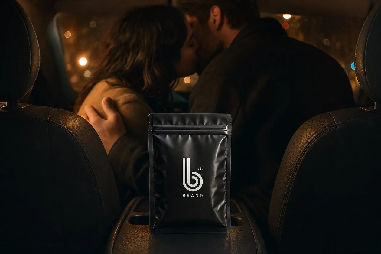 A B Brand pouch on a car's centre console while a couple kisses in the front seats