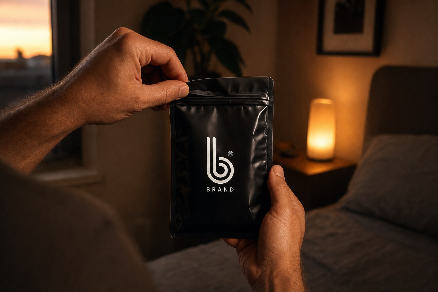 Holding the Supreme Black B Condoms pack