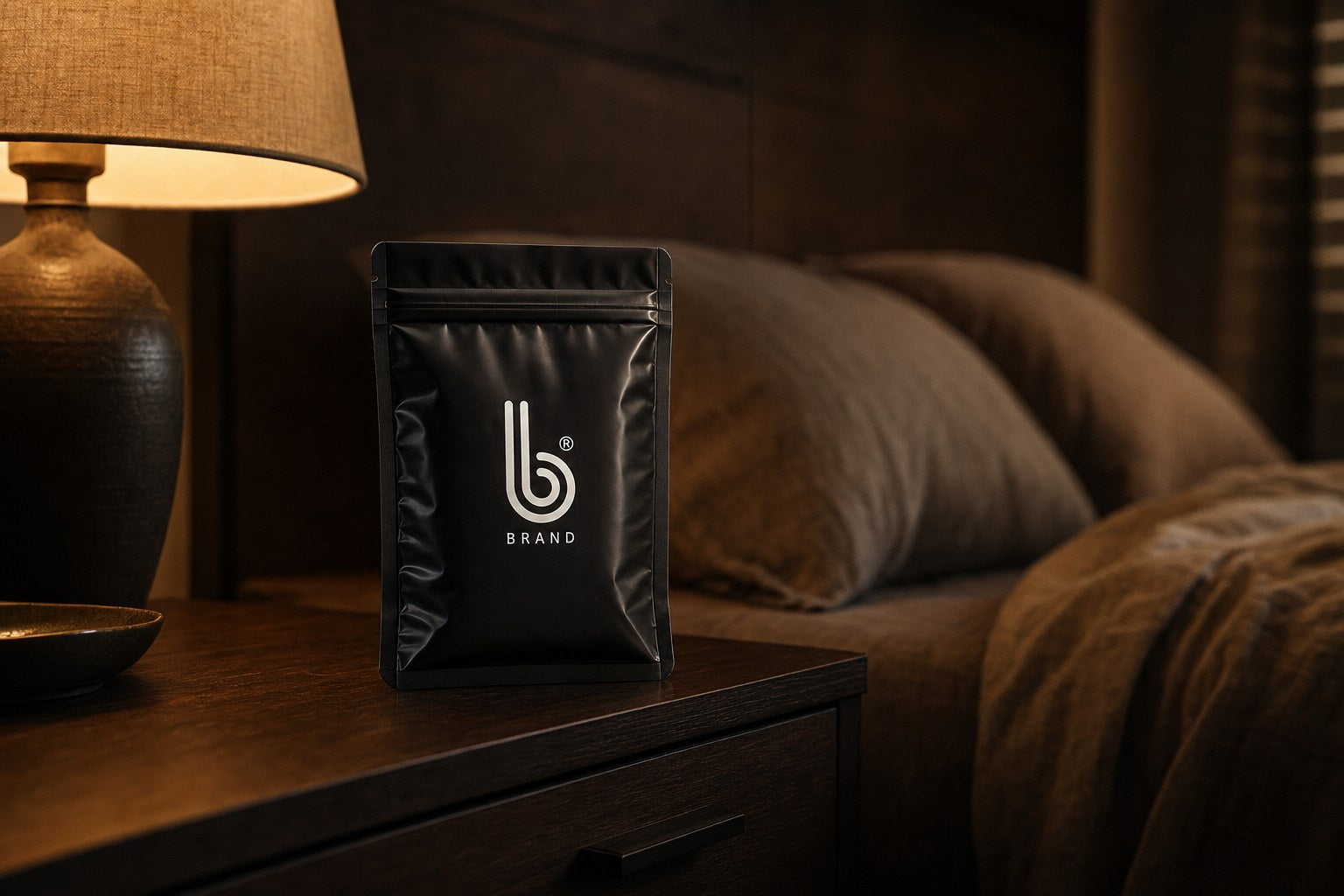 Supreme Black B Condoms on a nightstand