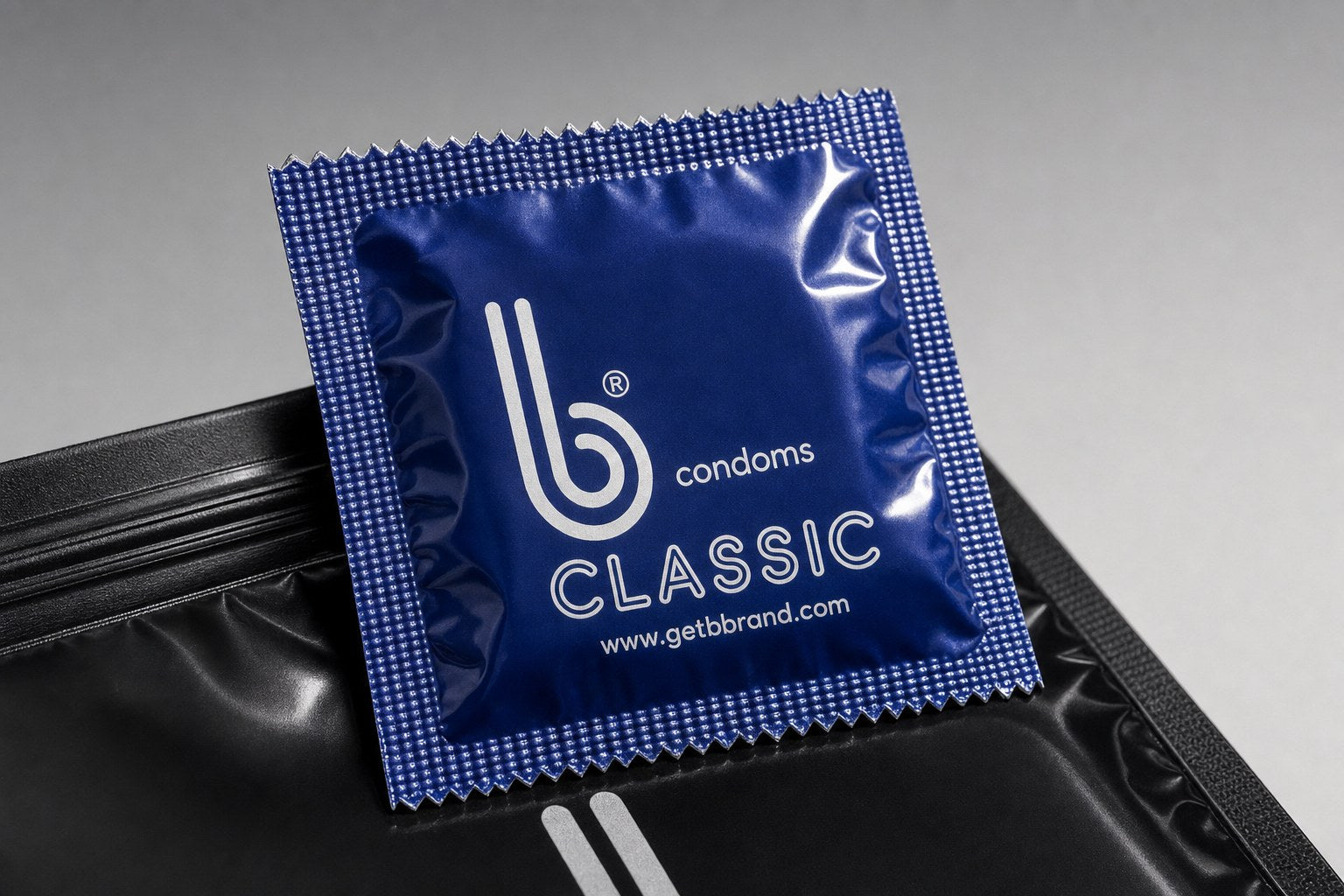 Close-up of the Classic B Condoms pack