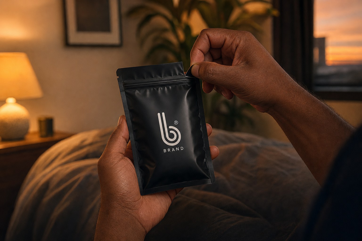 Holding the Classic B Condoms pack