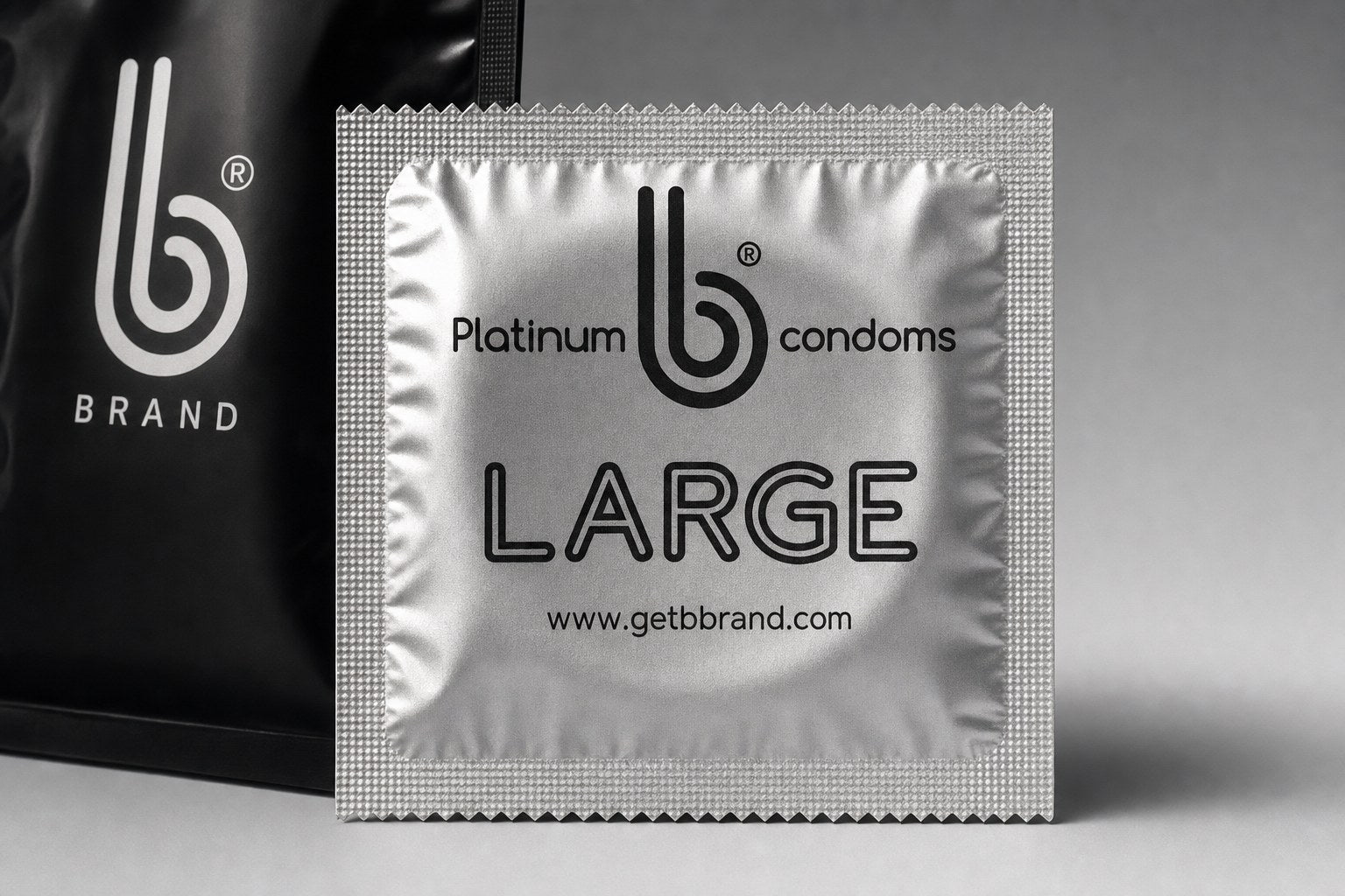 Close-up of the Large Platinum B Condoms pack