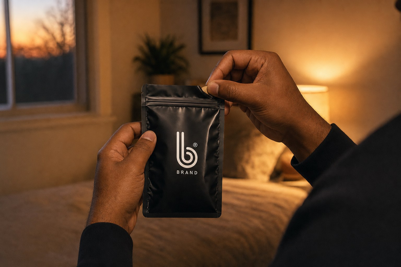 Holding the Large Platinum B Condoms pack