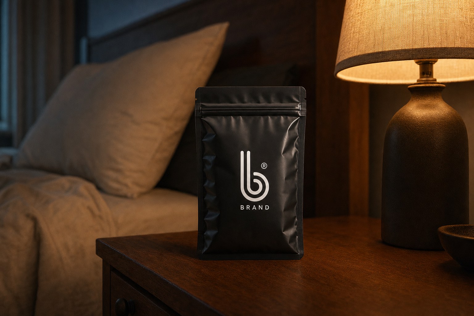 Large Platinum B Condoms on a nightstand