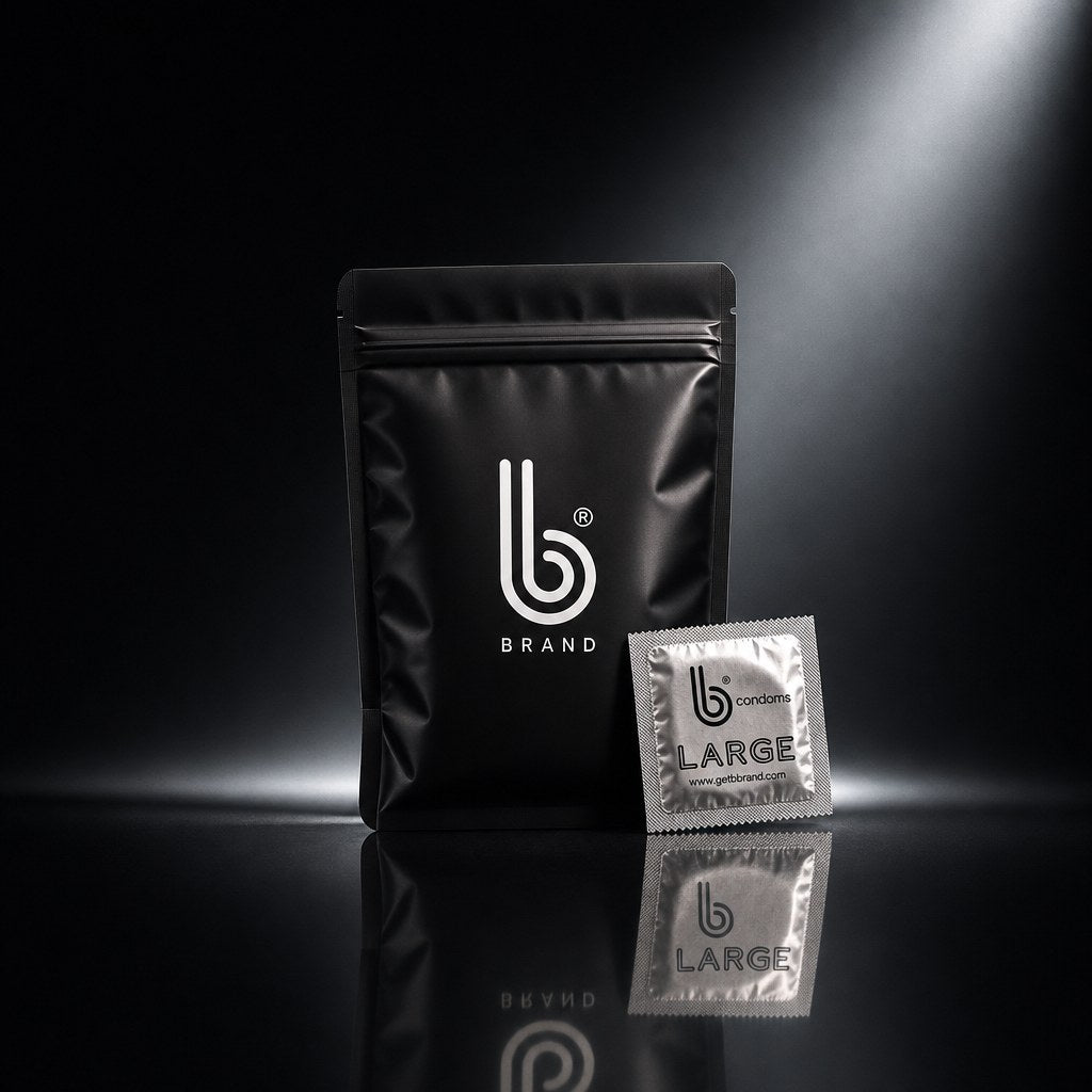 Large Platinum B Condoms under a coloured flare