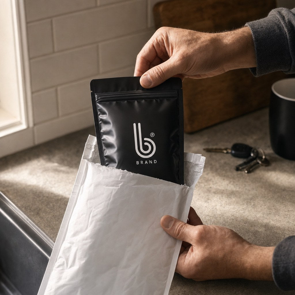 The plain unmarked mailer it arrives in
