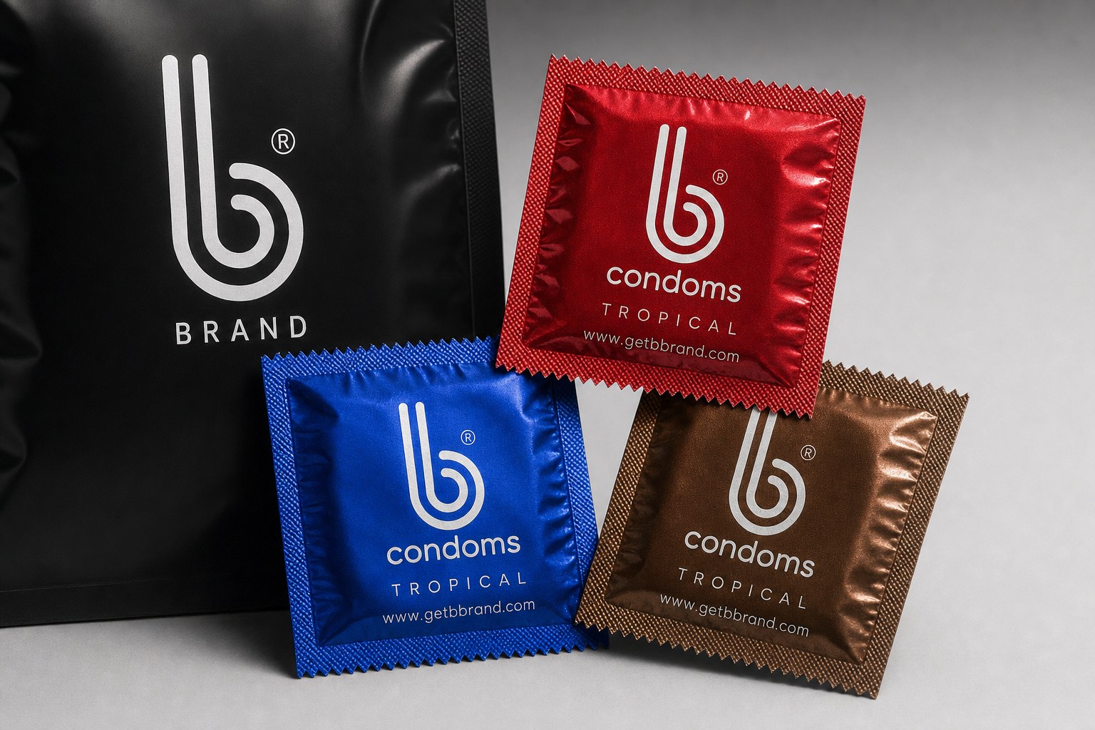 Close-up of the Tropical Colors B Condoms pack
