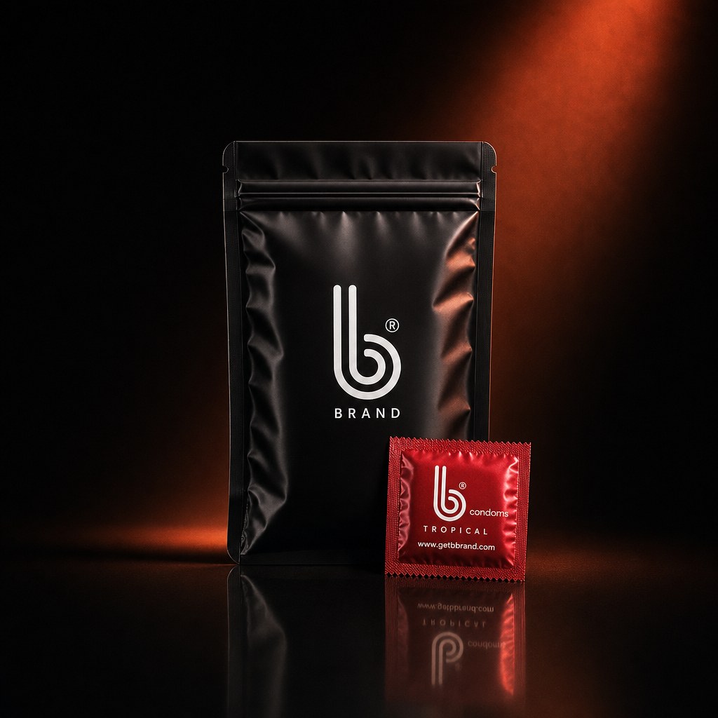 Tropical Flavors B Condoms under a coloured flare