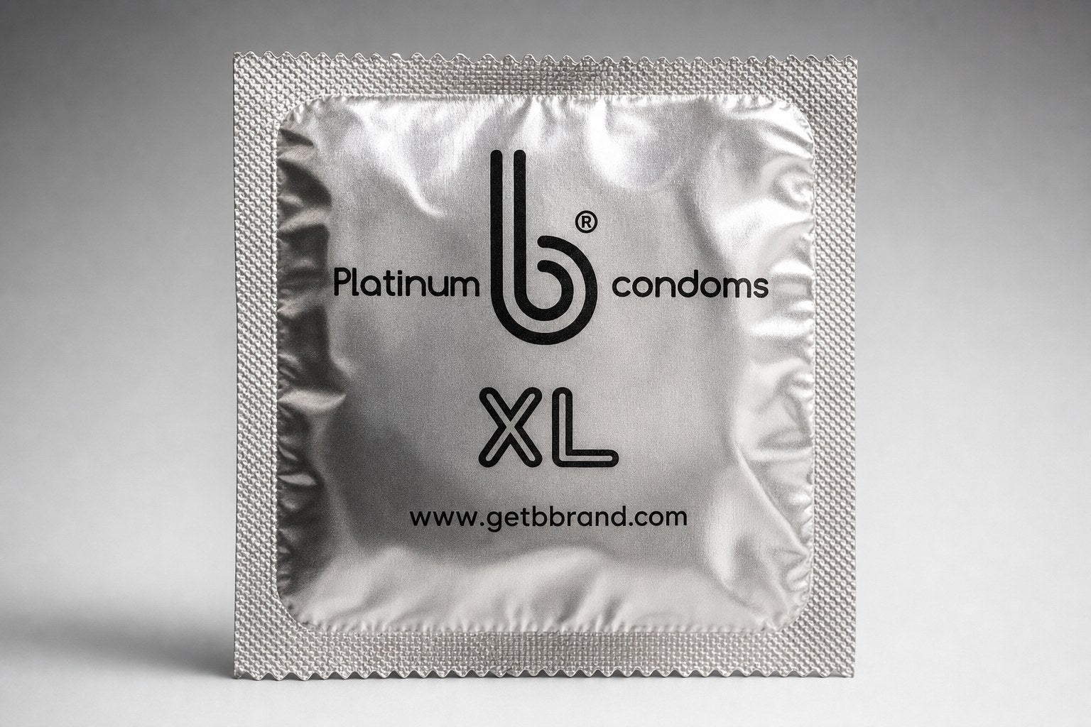 Close-up of the XL Platinum B Condoms pack
