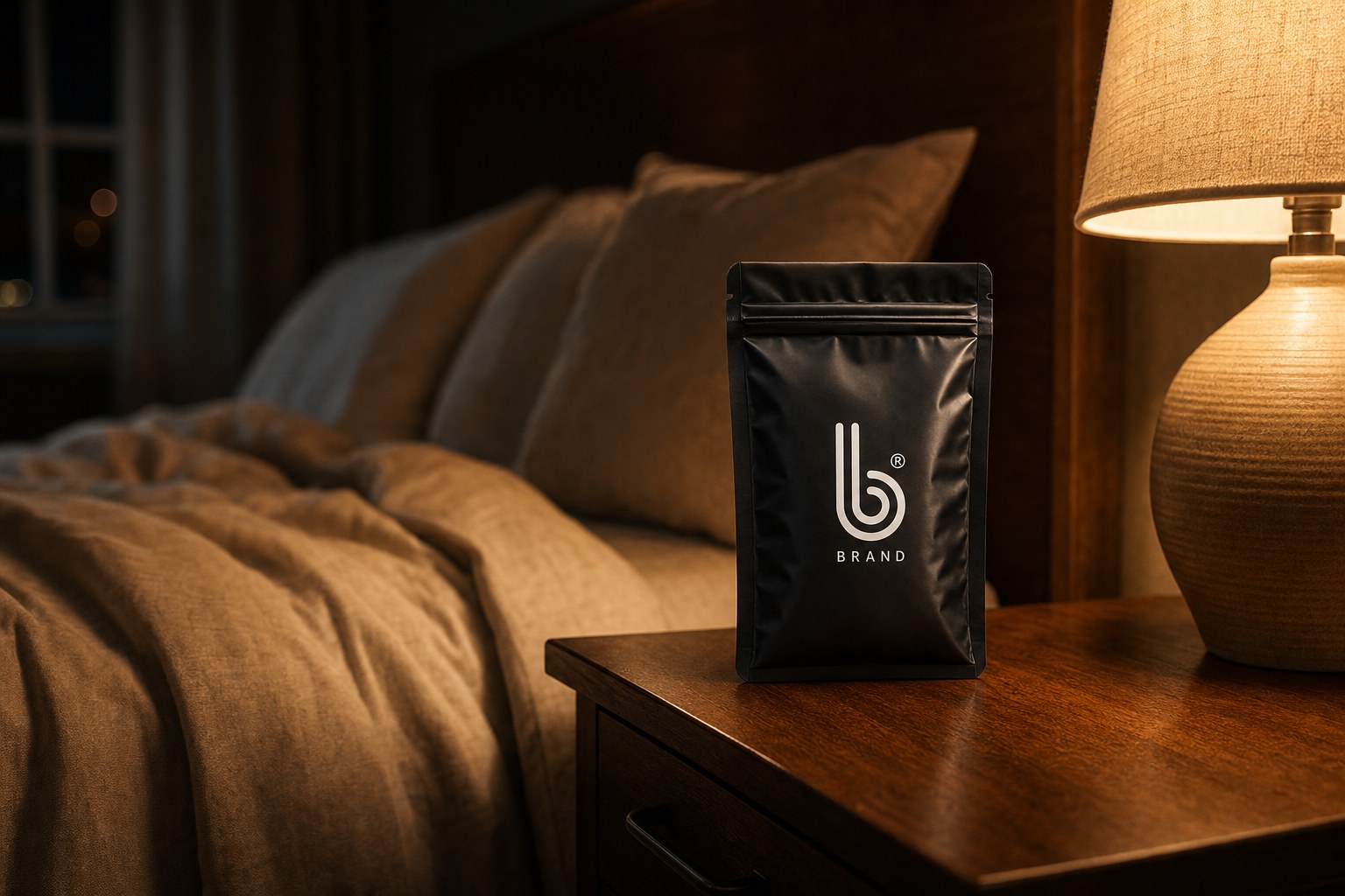 XL Platinum B Condoms on a nightstand